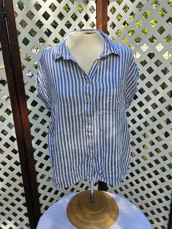 Orvis Tops - ORVIS Button Up Collared Short Sleeve Linen Blend Striped Shirt Women's Size Med